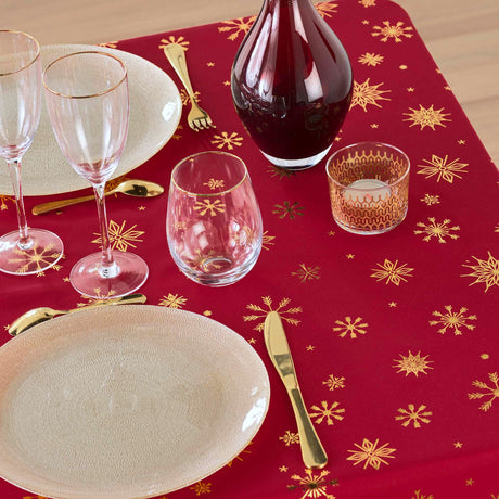 Astrelia Röd/Guld - Julduk med gyllene stjärnor, 140 x 240 cm, närbild