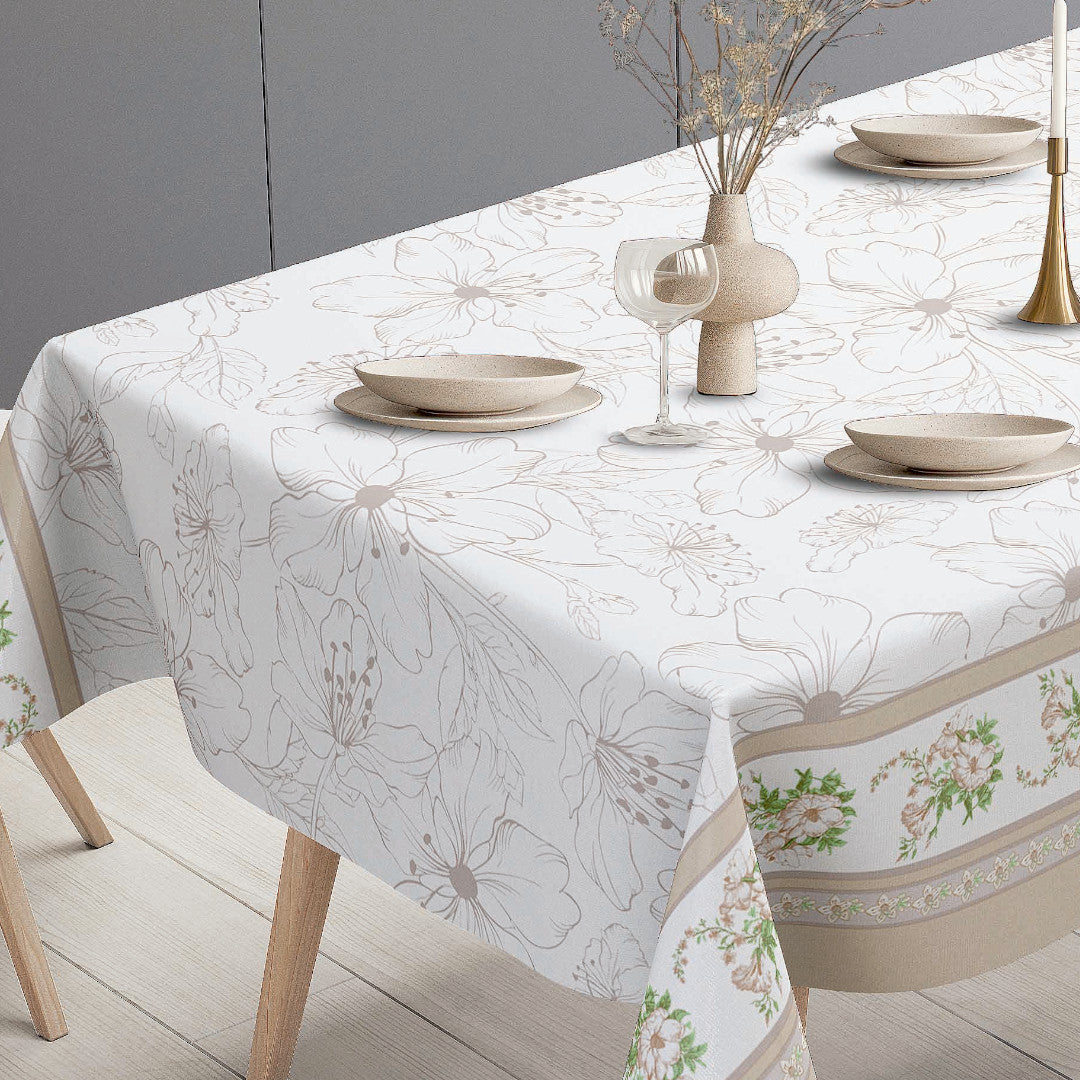 Blomsterband – krämfärgad vaxduk med blomsterbård bordsände