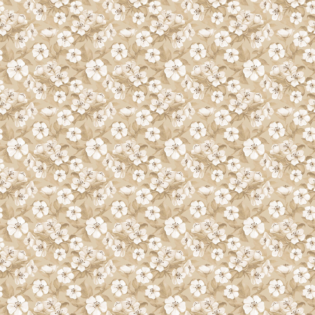 Blomsterflor Beige – Lätt präglad vaxduk med vita blommor, mönster