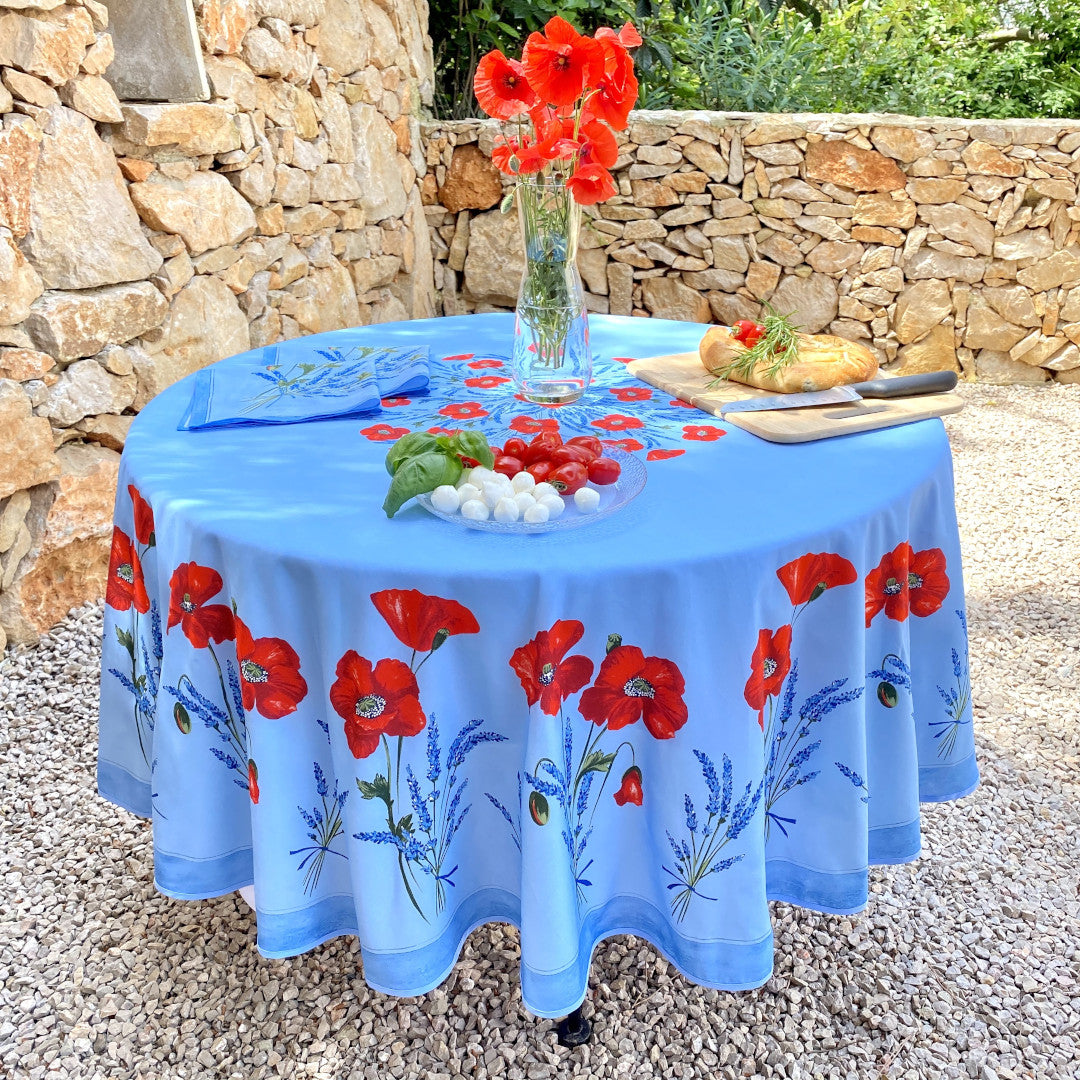 Coquelicot Blå – Rund akrylbelagd provenceduk Ø 180 cm