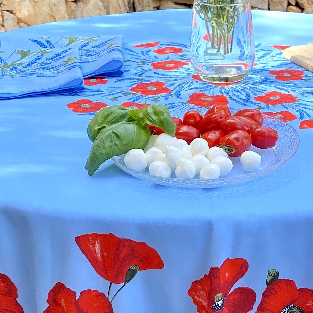 Coquelicot Blå – Rund akrylbelagd provenceduk Ø 180 cm