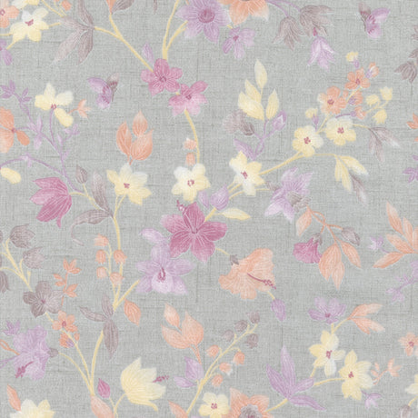 Fiorenza – textilvaxduk med pastellblommor på grå linnelook, mönster