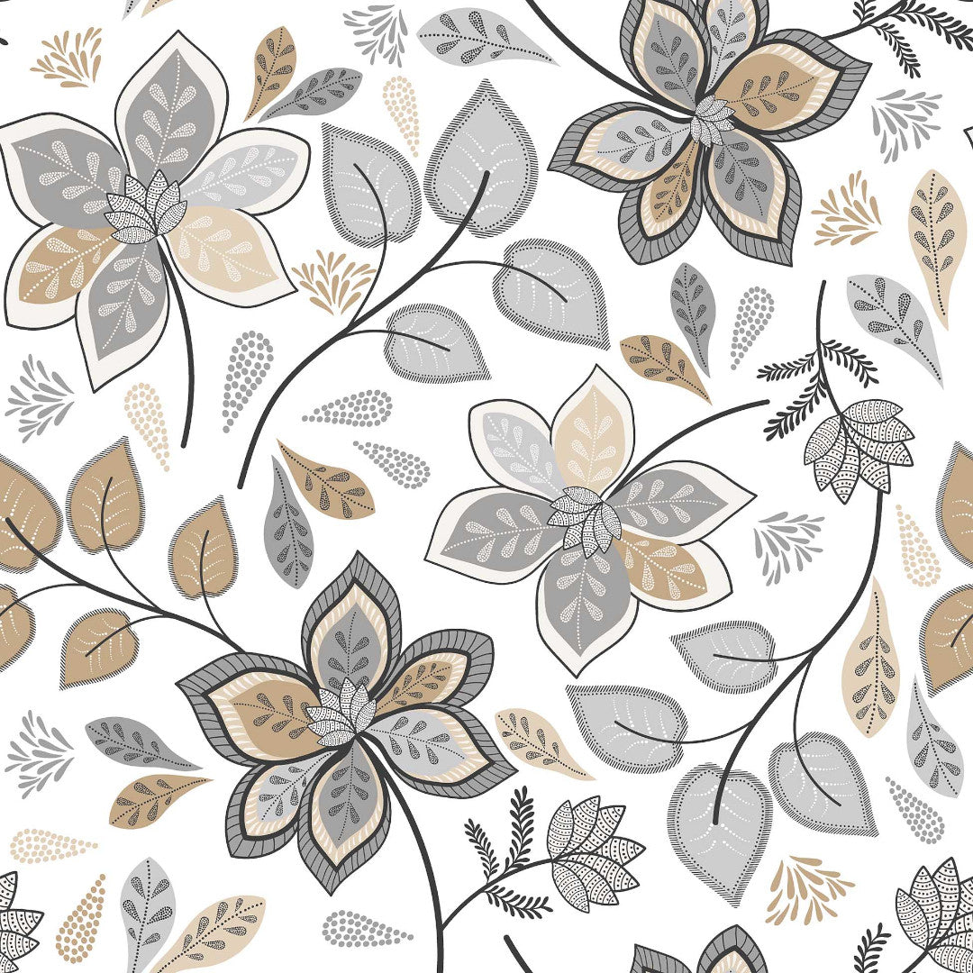 Gloriette - Vaxduk med blommor i grått och sand, mönster