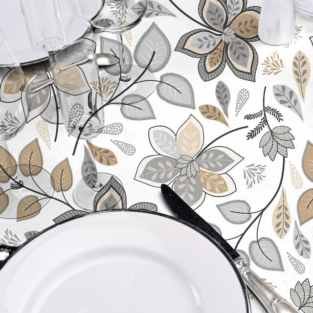 Gloriette - Vaxduk med blommor i grått och sand, närbild