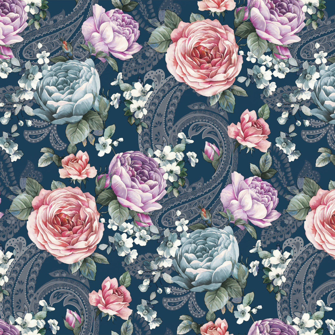 Heritage Rose Blå – Präglad vaxduk med blommor, mönster