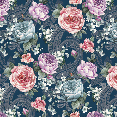 Heritage Rose Blå – Präglad vaxduk med blommor, mönster