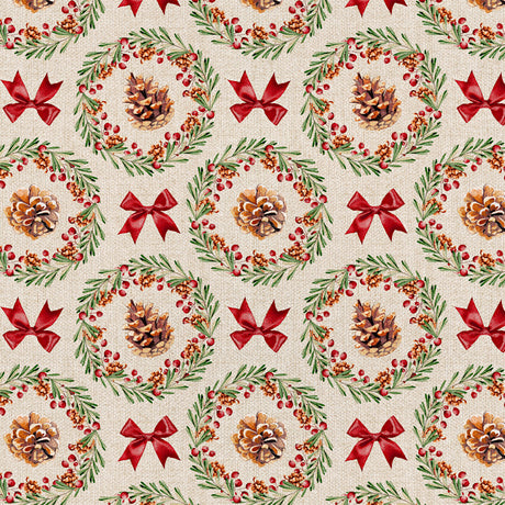 Julekrans – Jultextilvaxduk med kottar, röda band och linnelook, motiv