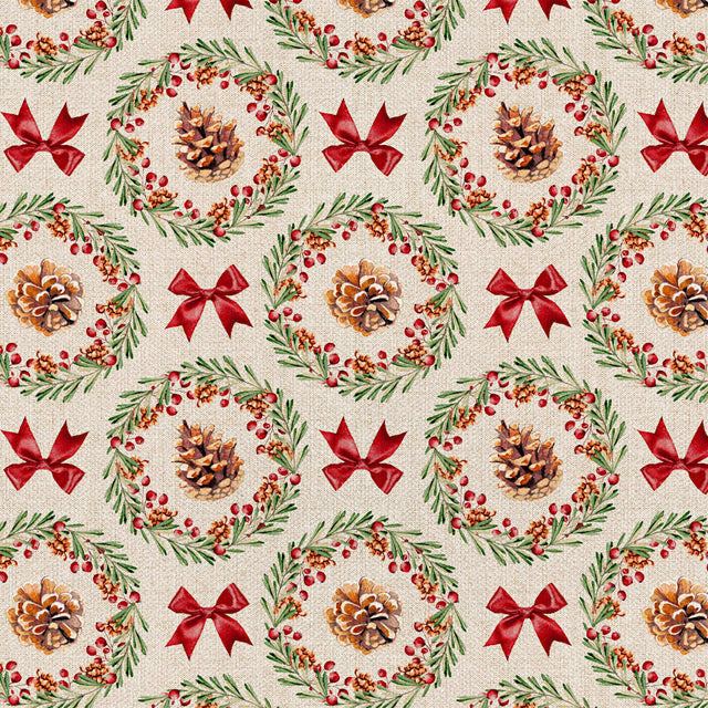 Julekrans – Jultextilvaxduk med kottar, röda band och linnelook, motiv