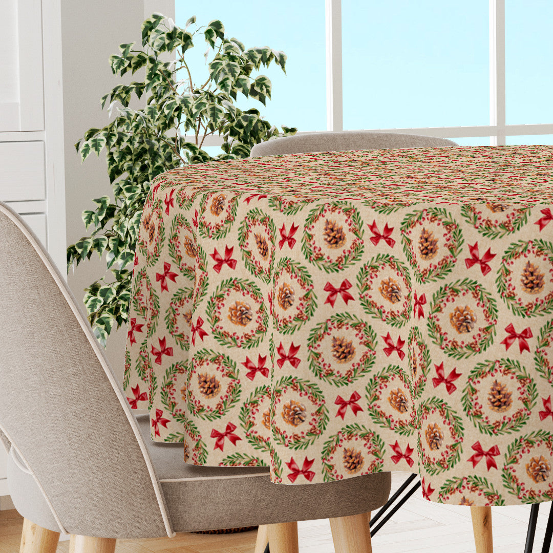 Julekrans – Rund jultextilvaxduk med kottar, röda band och linnelook