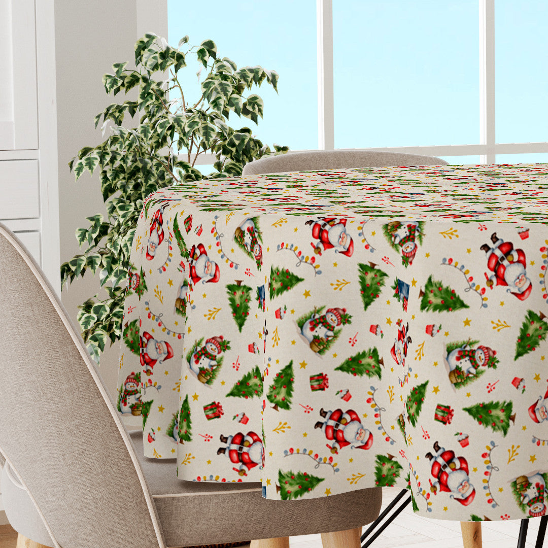 Jultomte & Snögubbe – Rund jultextilvaxduk med klassisk julstämning