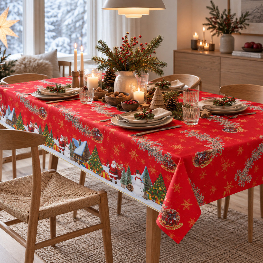 Julemandens Kanetur Röd - julvaxduk med renar och snögubbar, miljö