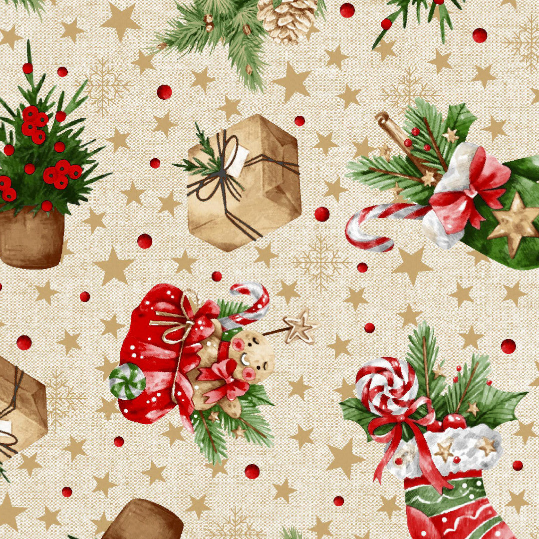 Julstrumpor & Klappar – Jultextilvaxduk med klassiska motiv, närbild