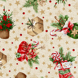 Julstrumpor & Klappar – Jultextilvaxduk med klassiska motiv, närbild