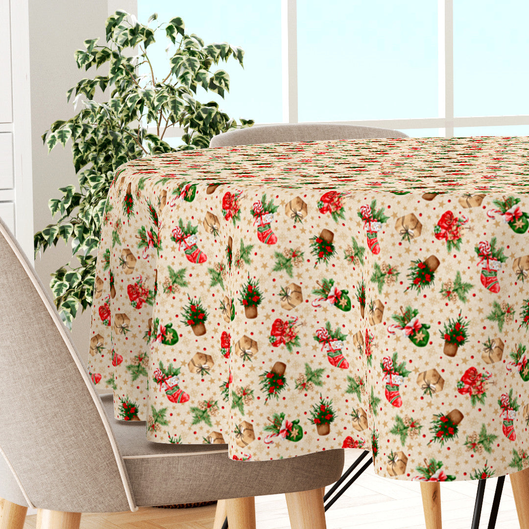 Julstrumpor & Klappar – Rund jultextilvaxduk med klassiska motiv