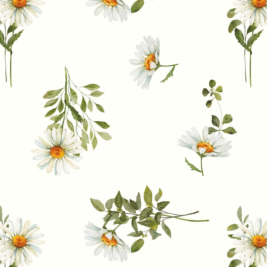 Kamilleäng Vit – Vaxduk med fina kamomillblommor på ljus botten