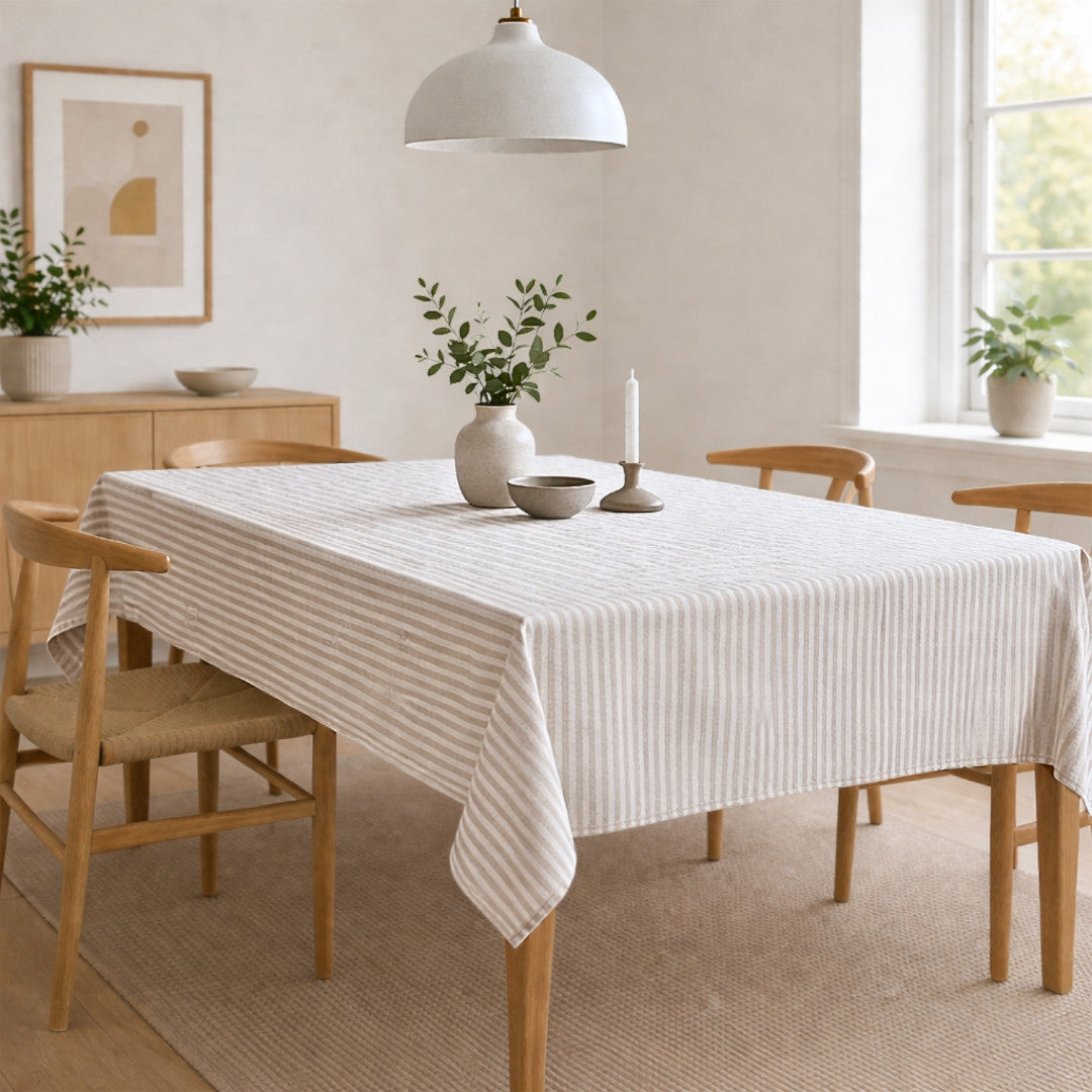 Lam Lino – Jacquardvävd textilvaxduk med ränder i linnelook, 180 cm, miljö