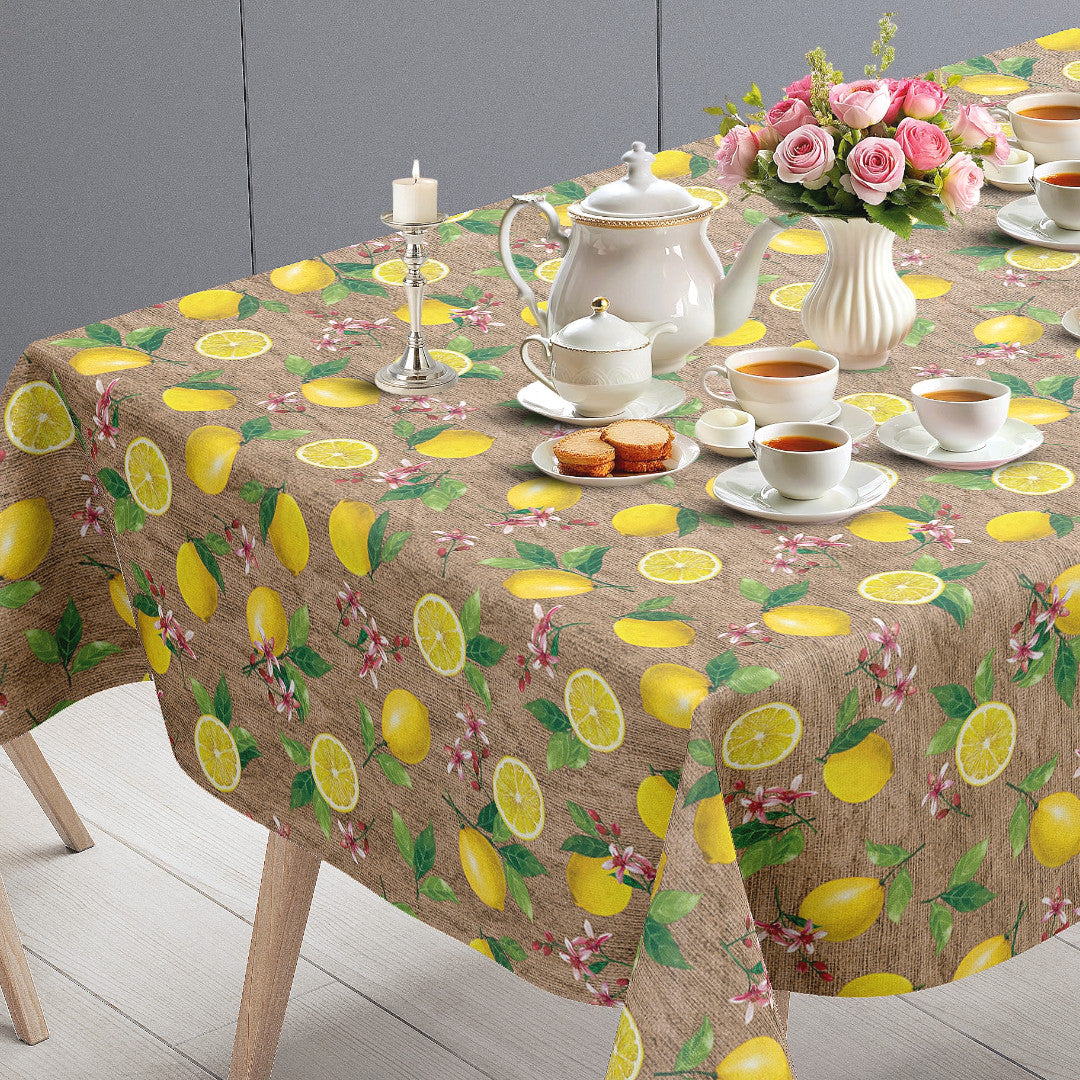 Limonata – beige vaxduk med citroner och hessianlook bordsände