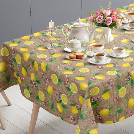 Limonata – beige vaxduk med citroner och hessianlook bordsände