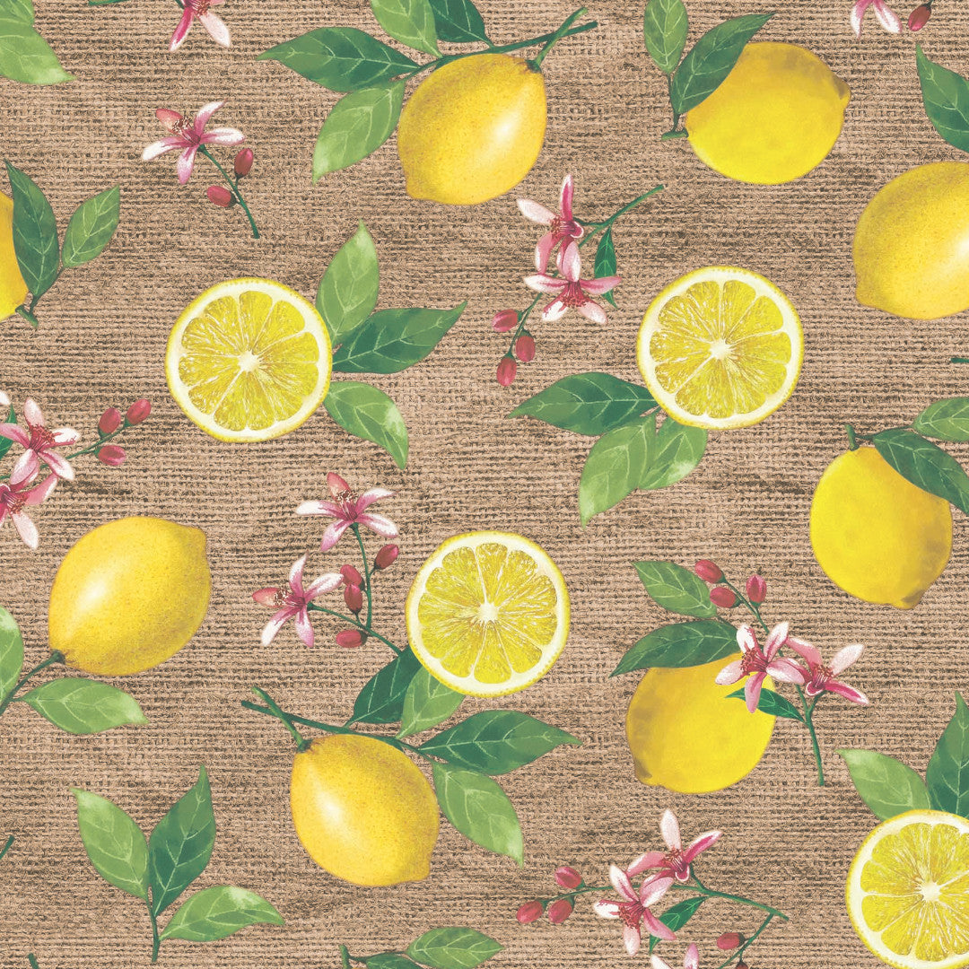 Limonata – beige vaxduk med citroner och hessianlook mönster