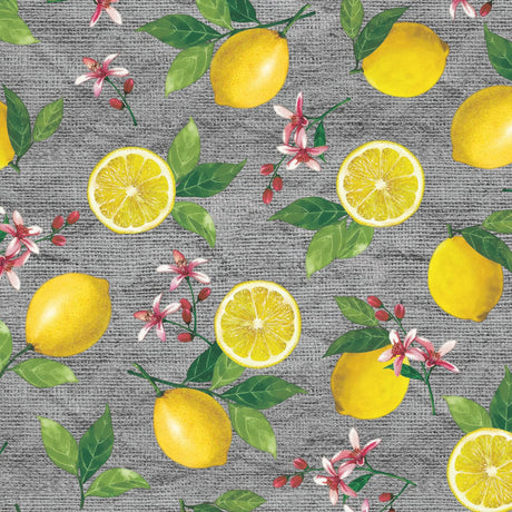Limonata – grå vaxduk med citroner och hessianlook