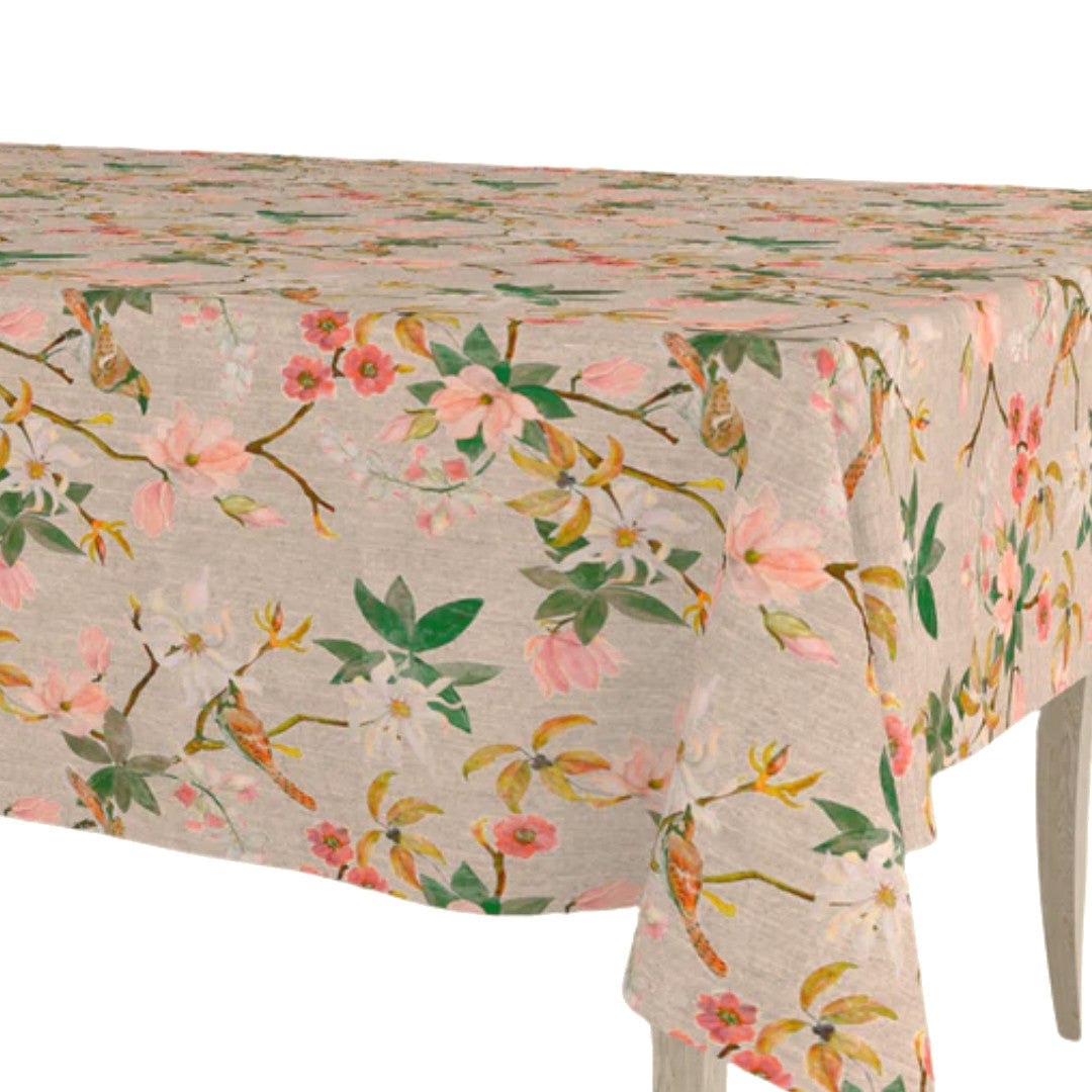 Forårsgren – textilvaxduk i linnelook med blommor och fåglar, 160 cm bred, hörn