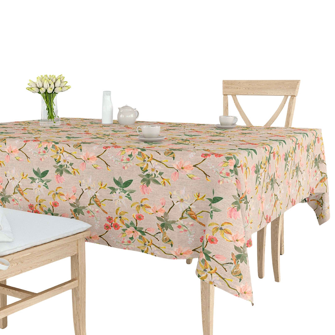 Forårsgren – textilvaxduk i linnelook med blommor och fåglar, 160 cm bred