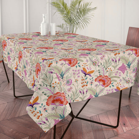 Lino Fiora – Textilvaxduk i linnelook med blommor, 160 cm bred, miljö