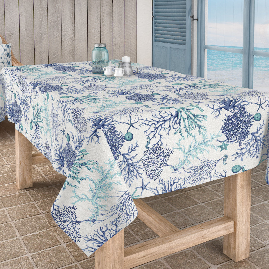 Lino Mare – Textilvaxduk med maritimt korallmotiv i linnelook, 160 cm, miljö