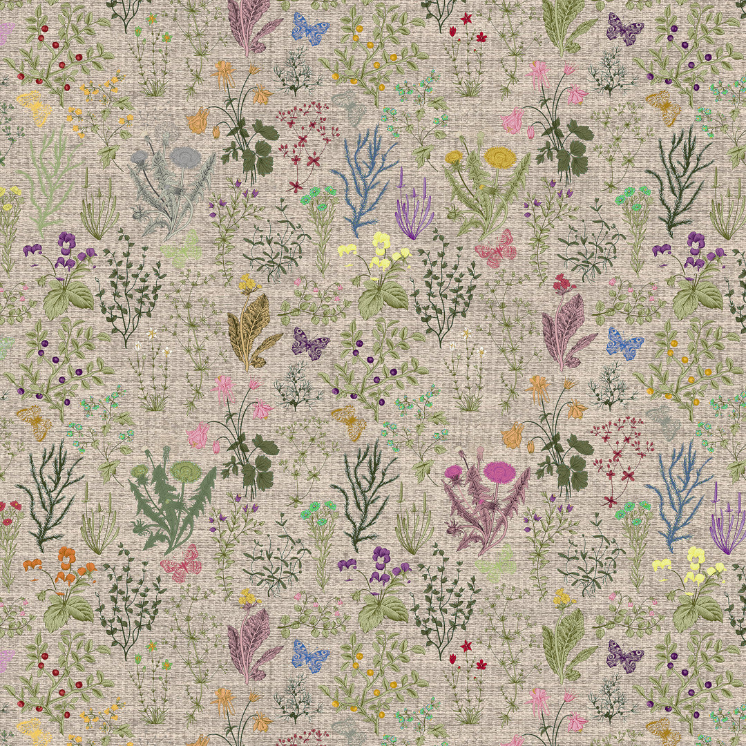 Lino Meadow – Textilvaxduk i linnelook med blommor och naturmotiv, 160 cm, mönster