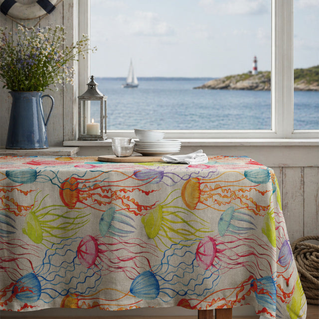 Lino Medusa – Textilvaxduk med färgglada maneter i linnelook, 160 cm, miljö