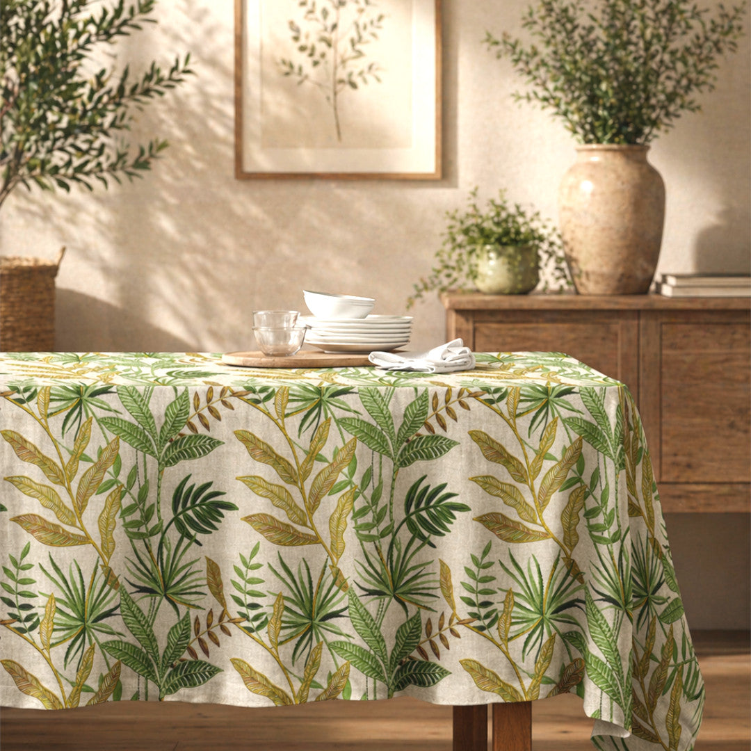 Lino Verdea – Textilvaxduk med botaniskt mönster i elegant linnelook, miljö 2