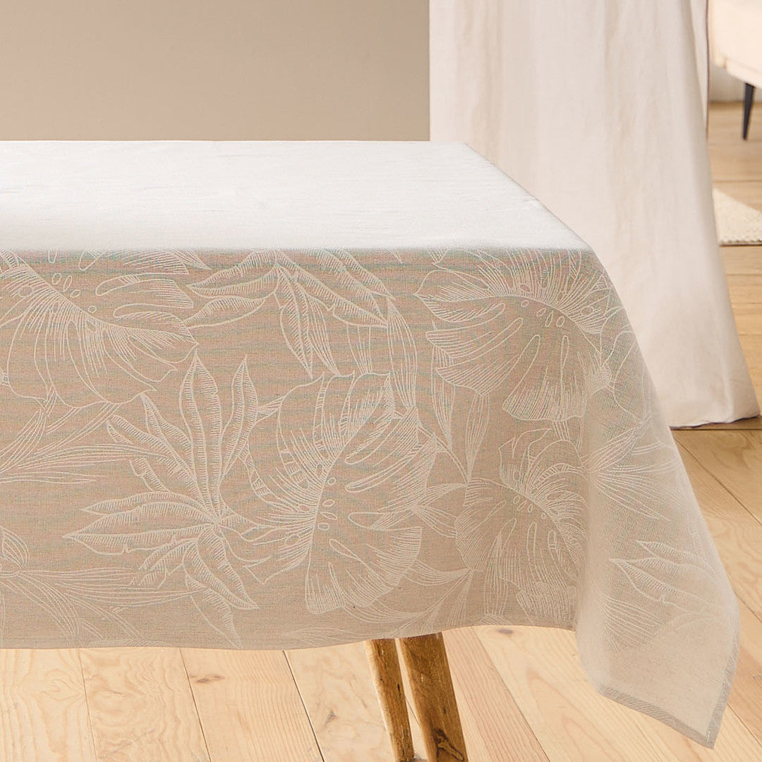 Lorenza – Tygduk i linnelook med stort bladmönster – 140 x 240 cm
