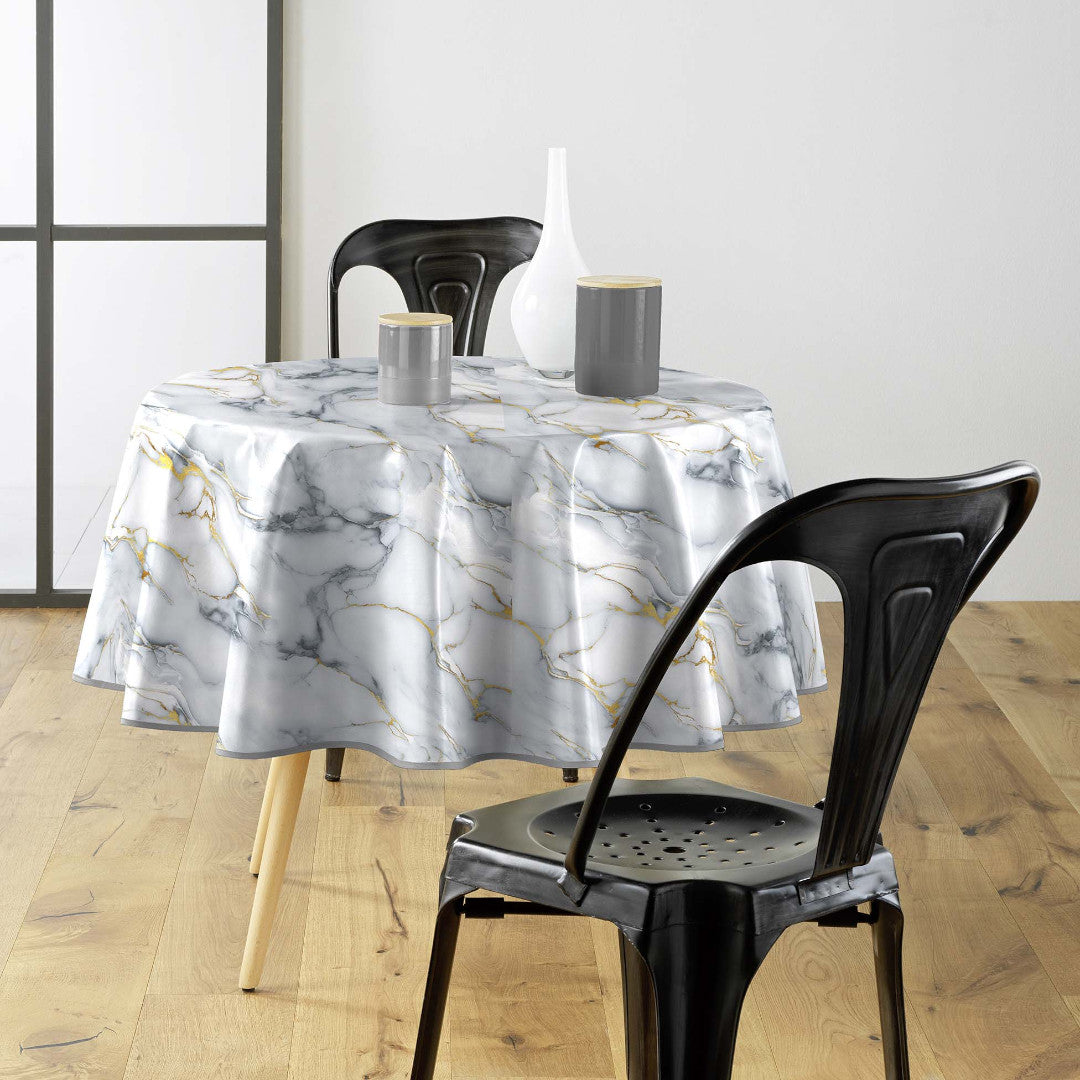 Marquina – Rund vaxduk Ø 155 cm med marmormönster och metallic, miljö