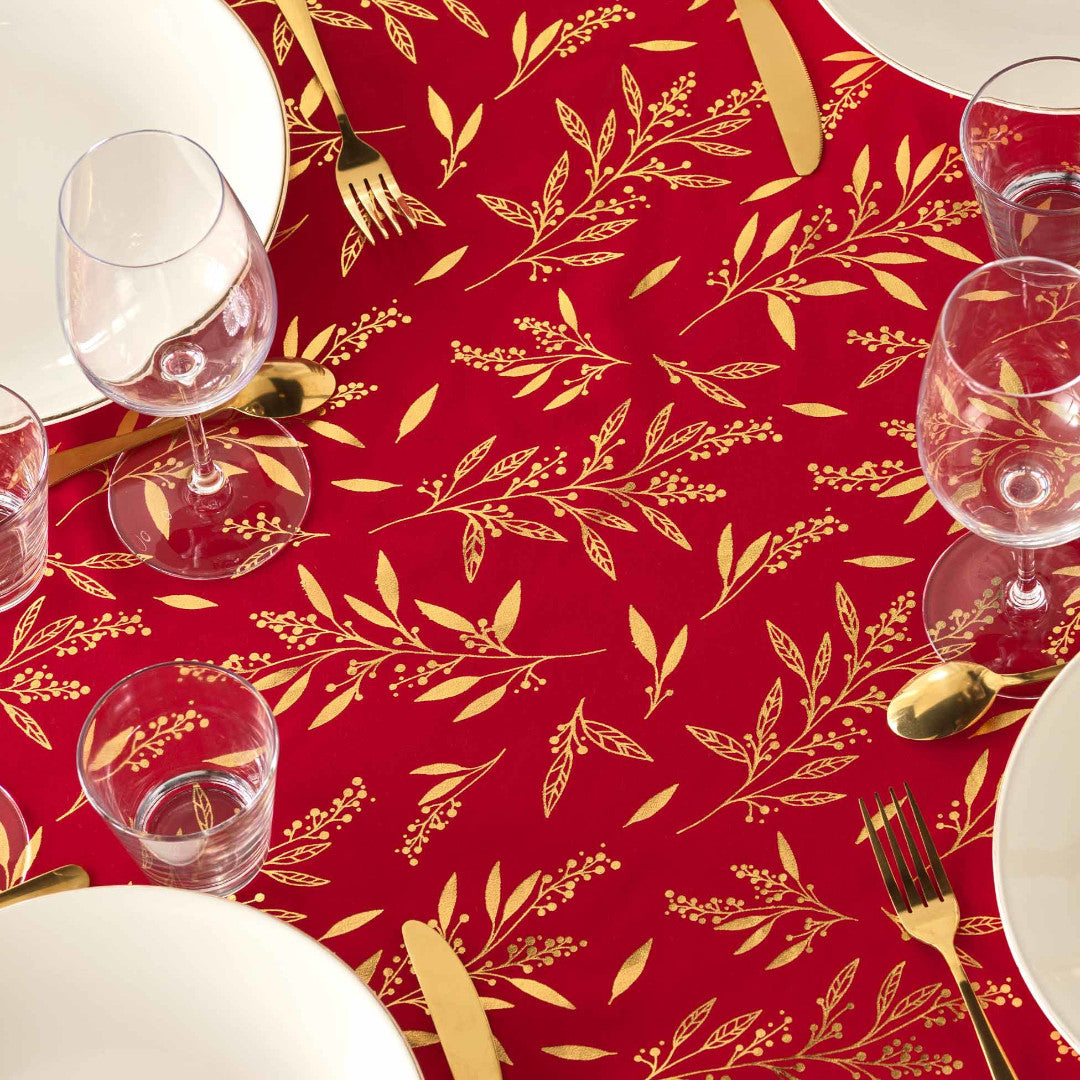Naelle Röd/Guld - Julduk med gyllene blad, 140 x 240 cm, närbild