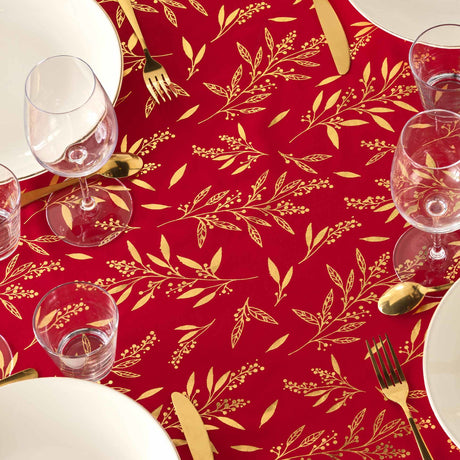 Naelle Röd/Guld - Julduk med gyllene blad, 140 x 240 cm, närbild