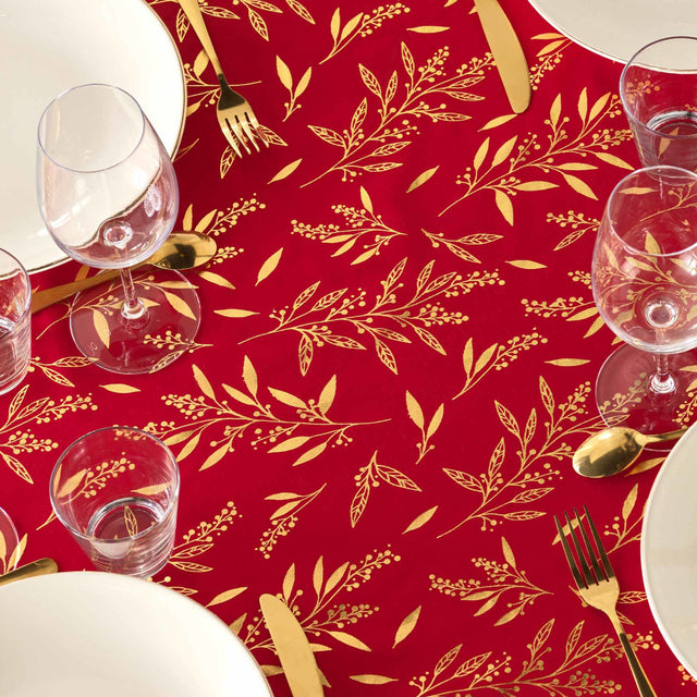 Naelle Röd/Guld - Julduk med gyllene blad, 140 x 240 cm, närbild