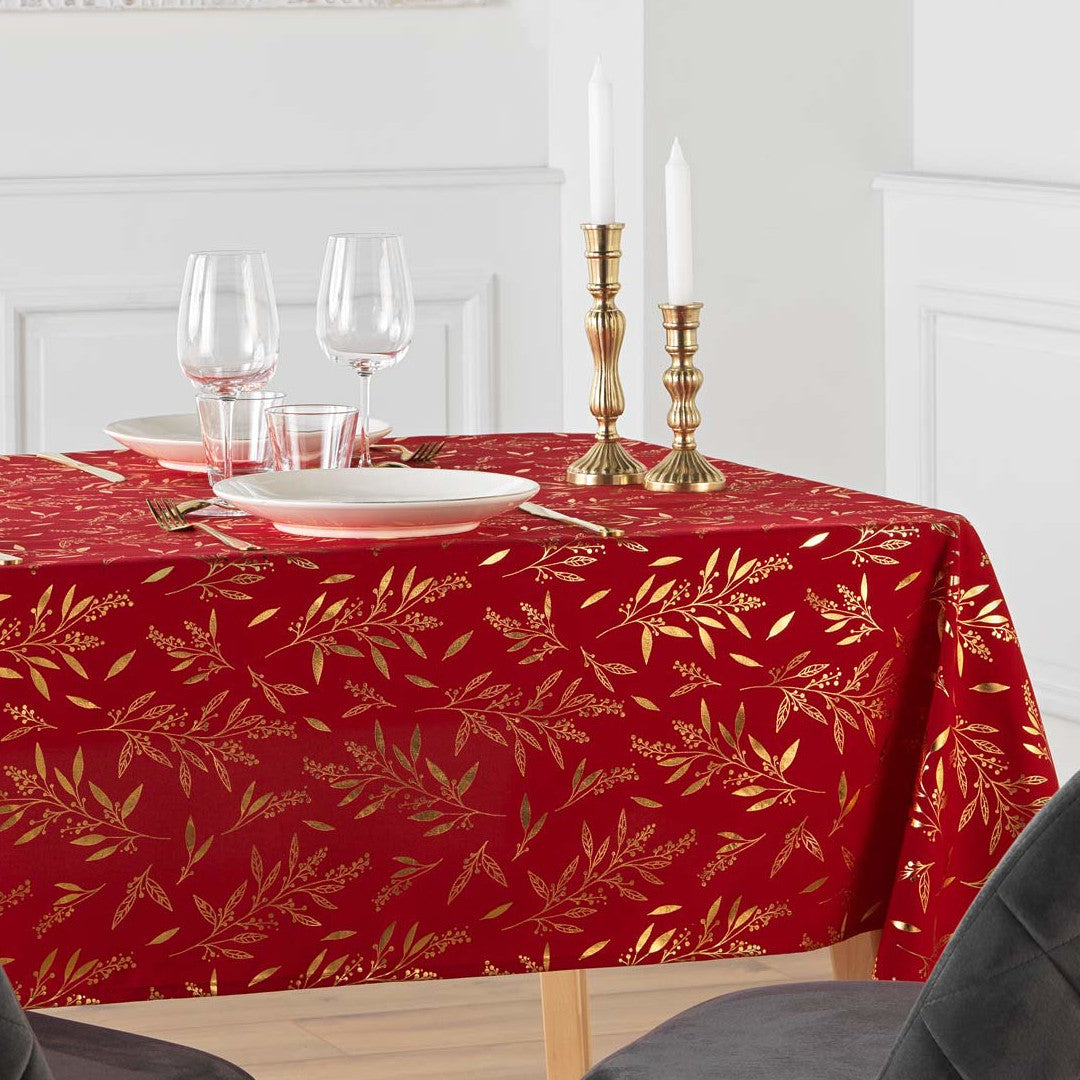 Naelle Röd/Guld - Julduk med gyllene blad, 140 x 240 cm, miljöbild