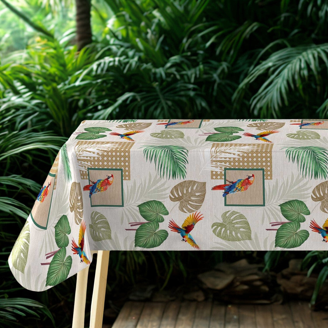 Natis – Tropisk vaxduk med papegojor och palmblad, regnskog