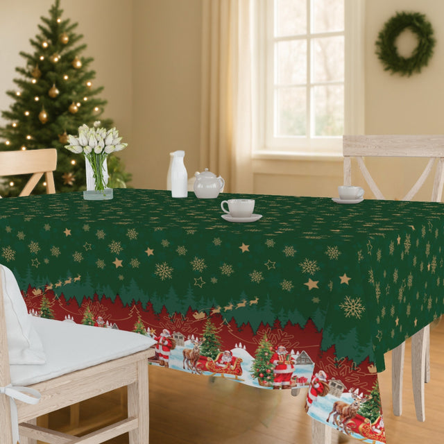 Nisseby – Grön julvaxduk med tomten och vinterlandskap