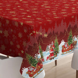 Nisseby – Röd julvaxduk med tomten och ett snöklätt landskap, hörn