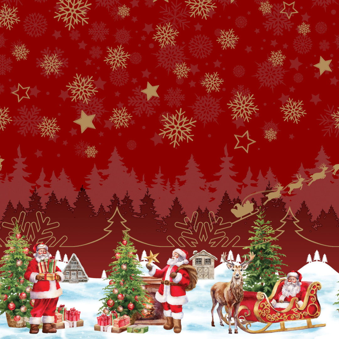 Nisseby – Röd julvaxduk med tomten och ett snöklätt landskap, mönster