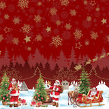 Nisseby – Röd julvaxduk med tomten och ett snöklätt landskap, mönster