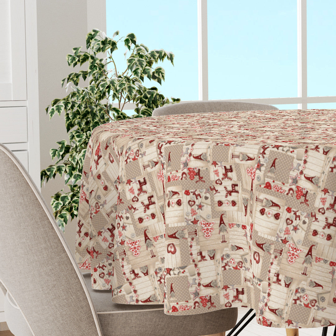 Nissehjerte – Rund jultextilvaxduk i nordiskt julpatchwork