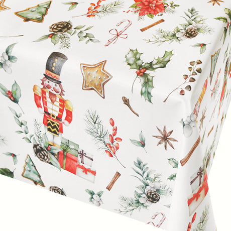 Nötknäppare och Gåvor - jultextilvaxduk med klassiska motiv, närbild