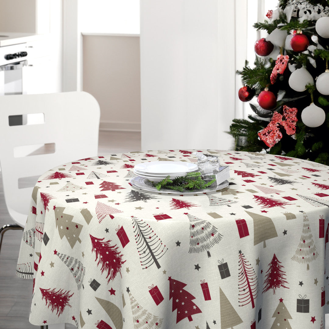 Nordfavn Arbres de Noël – Rund julvaxduk med granar och julklappar miljöbild