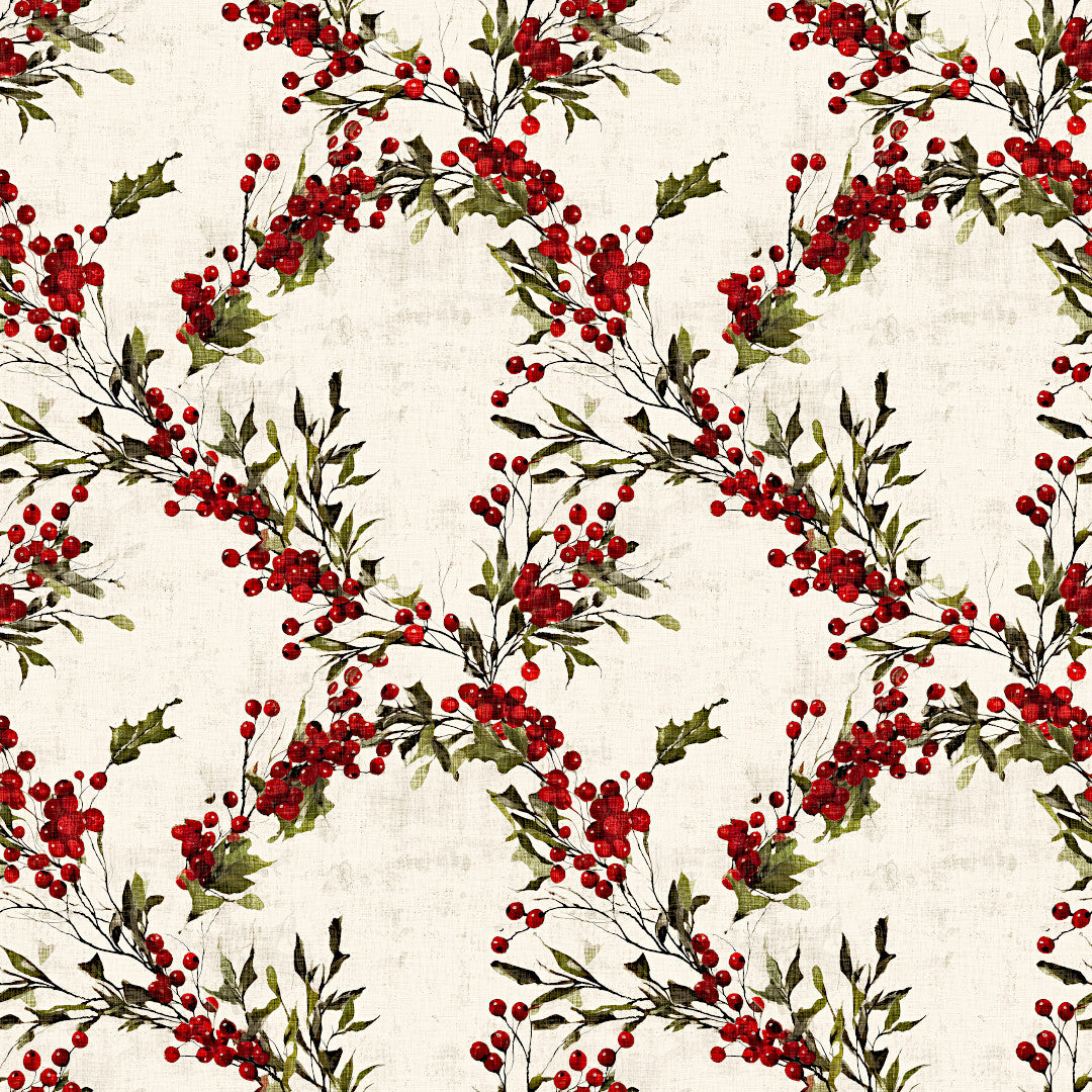 Nordfavn Bessie – Jultextilduk med röda bär och gröna grenar, mönster