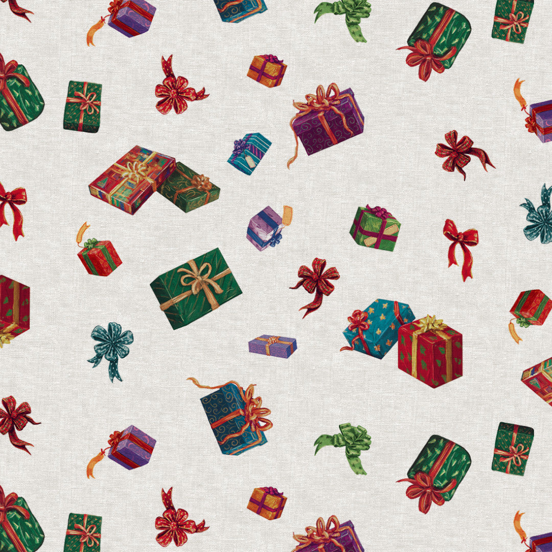 Nordfavn Cadeaux de Noël – Julvaxduk med julklappar och ljus linnelook, mönster