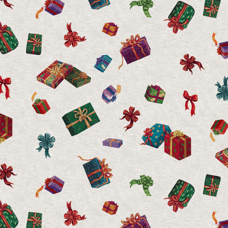 Nordfavn Cadeaux de Noël – Julvaxduk med julklappar och ljus linnelook, mönster