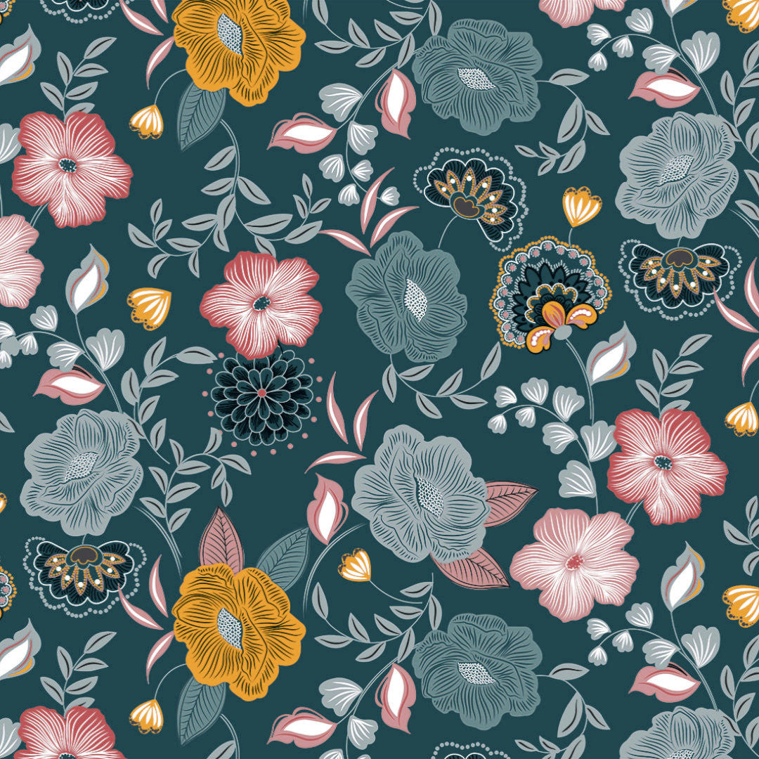Nordfavn Chouchou Petrol – Vaxduk med dekorativt blommotiv, mönster