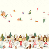 Nordfavn Elf – Jultextilduk med vinterby och tomtar, närbild av mönstret